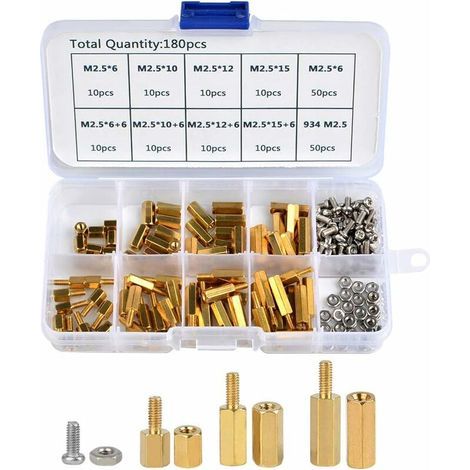 180pcs M2.5 Hex Brass Standoff and Column Assortment Stainless Steel Nut, 6mm (1/5)