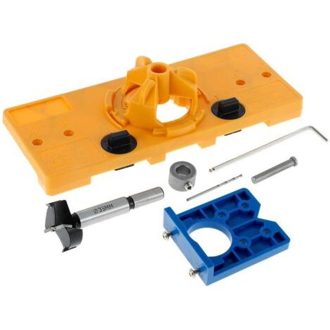 Gabarit de perçage pour charnières invisibles de 35 mm avec foret de 35 mm, butée de profondeur et clé hexagonale pour le travail du bois (jaune) (1/5)