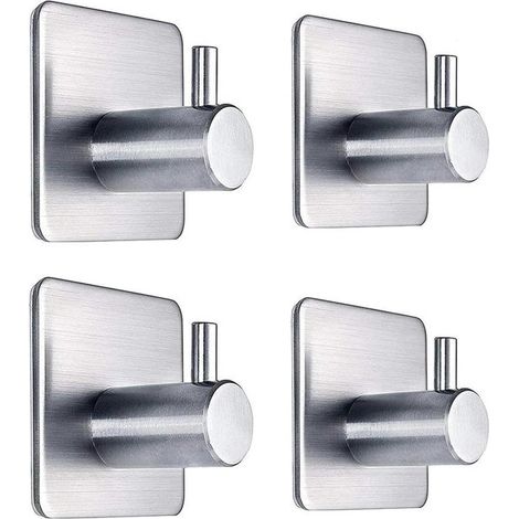 Lot de 4 crochets muraux autocollants en acier inoxydable, forme carrée, porte-serviettes et crochets de suspension, sans perçage, argent mat (1/5)