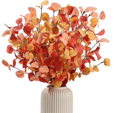 Lot 5 tiges eucalyptus automne orange 60cm feuilles soie, décoration maison mariage festival (1/5)