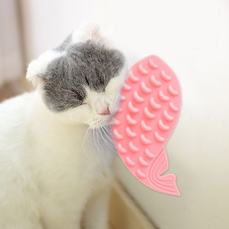 Brosse de massage nettoyante en silicone souple en forme de baleine avec herbe à chat, jouet pour chat auto-adhésif (rose) (1/5)