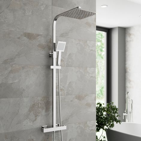 Thermostatic Shower Mixer Square Chrome Bathroom Twin Head Set (1/5)