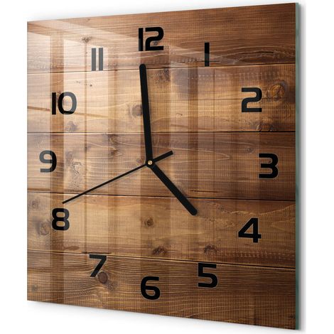 Horloge Murale Carrée Sans Cadre en Verre Trempé Silencieuse et Moderne Arrière-plan en bois 30x30 cm (1/5)
