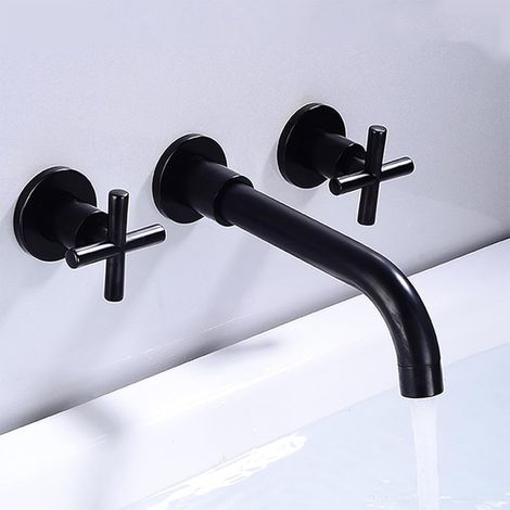 An der Wand montierter Waschbeckenhahn aus Messing, 360 ° schwenkbarer Auslauf, Waschtischarmatur mit Doppelkreuzgriff, Mischbatterie für heiße und kalte Bäder, Schwarz