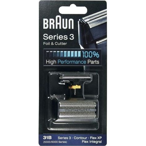 Pièce de rechange Braun 31B pour rasoir électrique, compatible avec les rasoirs de la série 3 (anciennes générations, séries 5000/6000), Contour, Flex XP et Flex Integral, noir.