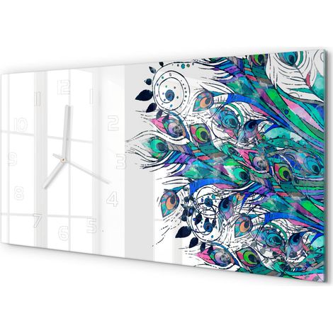 Horloge Murale Élégante 60x30 cm Verre Décoratif Style Contemporain Plumes de paon (1/5)