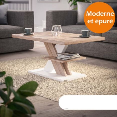 Le Poisson Qui Jardine – Table basse fixe bicolore blanc et chêne – Dimensions 90x60x45cm – Plateau épais 50mm – Surface de rangement 34x40cm (1/4)