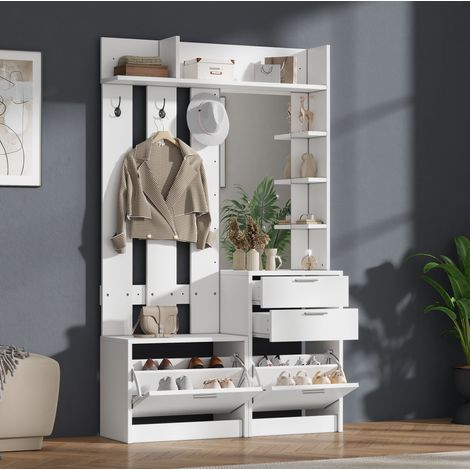 Ingresso con scarpiera, specchio, 2 cassetti e 3 ganci, bianco 110 x 34 x 185 cm HAVRYA (1/5)
