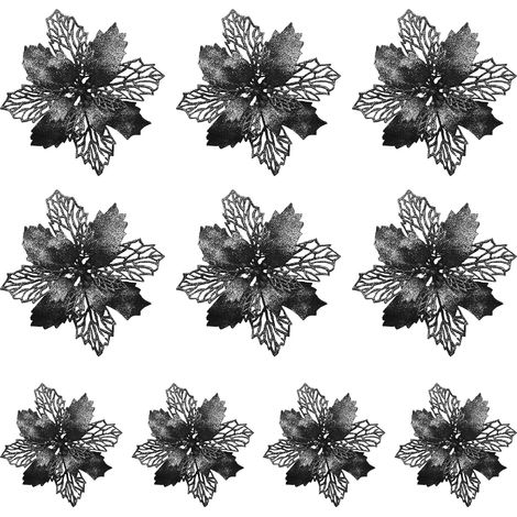 10 Pièces Poinsettia Brillant 9cm Fleurs Artificielles de Noël pour Décoration Mariage Fête Couronne Noire (1/5)