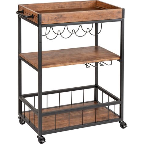 WENKO Carrello Rustico con ruote, Carrello bar con portabicchieri e portabottiglie, in metallo laccato e MDF, 80x89,5x40 cm, marrone - nero (1/5)