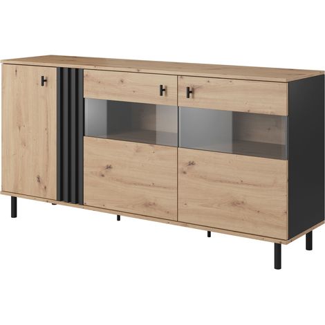 Cassettiera con vetrina, rovere Craft + antracite nero, 165,1 x 82,2 x 40 cm