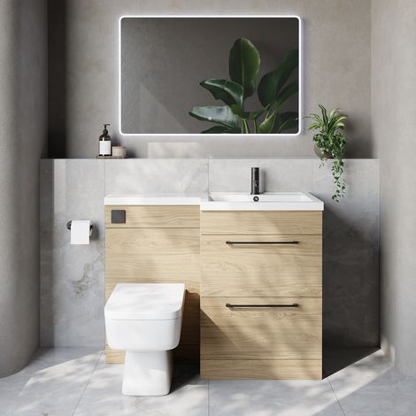 Napoli 460 Light Oak 1100mm 2 Drawer Vanity Unit Toilet Suite with Right Hand Square Lucia Basin - 1100mm - Matt Black 320mm HandleWith Kingston Toilet Pan and Seat