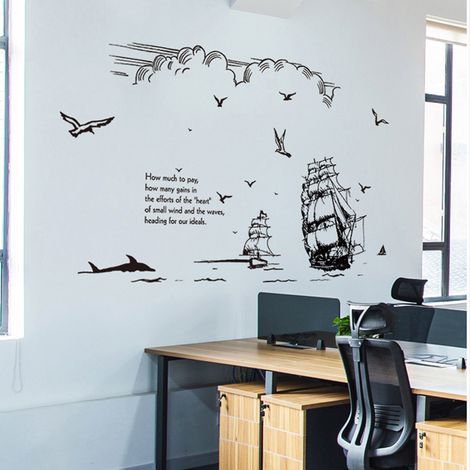 Décor mural autocollant voilier marin chambre salon, sticker toile fond maison décoration, motif bateau élégant (1/3)