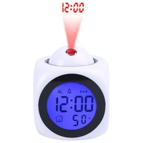 Projecteur d'horloge numérique au Plafond Rétro-éclairage à Piles Affichage LED Horloge de projecteur avec rétro-éclairage Alimenté par Piles Rotation du réveil (Blanc)