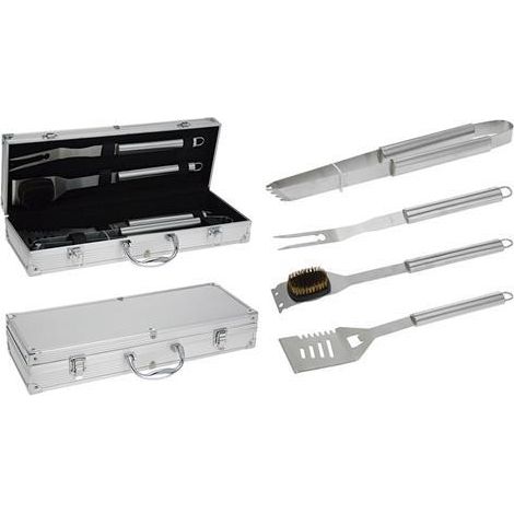 Mallette barbecue 4 ustensiles en acier inoxydable – Pince, spatule, fourchette, brosse – Mallette aluminium 46x16x8cm pour grillades pro – BBQ