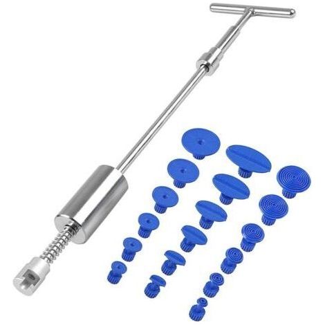19pcs Kit Debosselage Marteau Coulissant, Debosselage Caravane, Paintless Débosselage Réparation de Bosses de Voiture sans Peinture Outil de T Type Extracteur de Denture,Glissière Marteau Bar