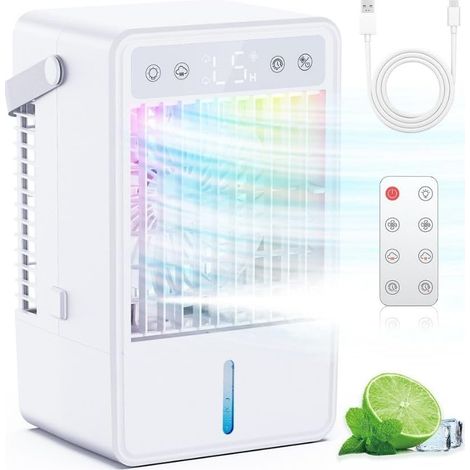 Climatiseur Mobile avec Réservoir de 1500ML Rafraîchisseur d’Air 5 Vitesses & 2 Niveaux de Brume Climatiseur Portable avec Télécommande Minuterie 10H & Éclairage LED Idéal pour Chambre, Bureau (1/5)