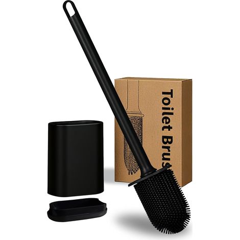 Brosse WC Murale - 1 Unité - Silicone Noir Mat - Tête Flexible et Séchage Rapide - Pour Salle de Bain Compacte - 9 cm de Largeur (1/5)