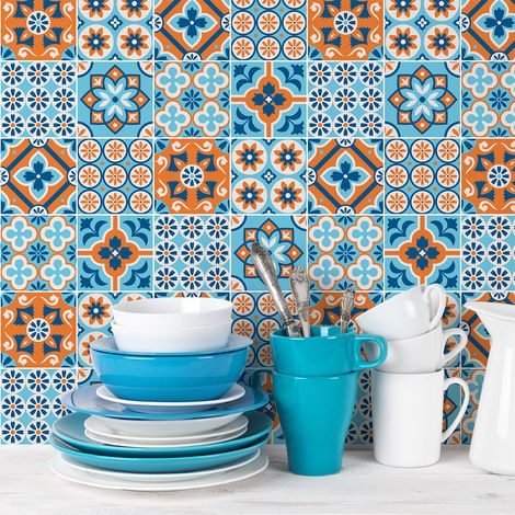 Sticker Mural Carrelage adhésif Cuisine Salle de Bain - 60 STICKERS CARREAUX DE CIMENT AZULEJOS ALEMINA - 60stickers20x20cm (1/5)