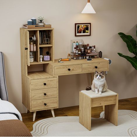 Tocador 84/40/120 cm en efecto madera natural con espejo abatible, 5 cajones y taburete beige (1/5)