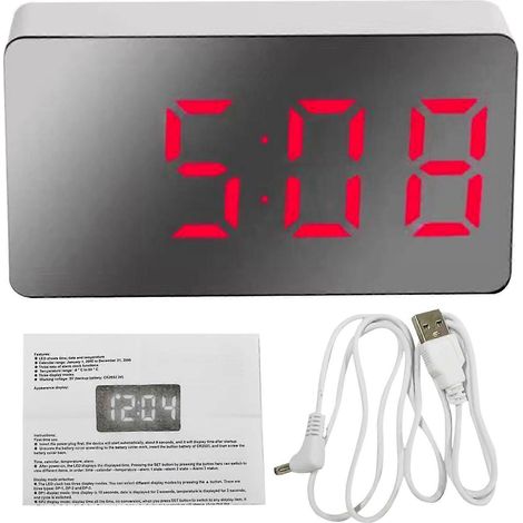 Mini réveil électronique numérique multifonction avec grand écran LED, rétroviseur de voiture et affichage de la température et de l'heure (rouge). (1/5)