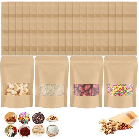 Bolsas de papel con ventana, 50 unidades, 14x20 cm, Herméticas, Papel Kraft marrón, Para café, productos secos, hojas de té, frutos secos (1/5)