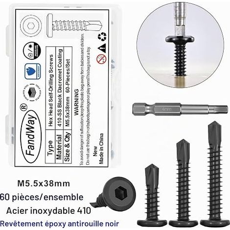 Vis Autoforeuse Metal Noir,M5,5x38mm Vis à Tôle Autotaraudese à Tete Plate Vis à Tôle à Six Pans Creu et Autoperceuse Autoperforante Inox 410 Bits pour Alu Bois Plastique. (1/4)