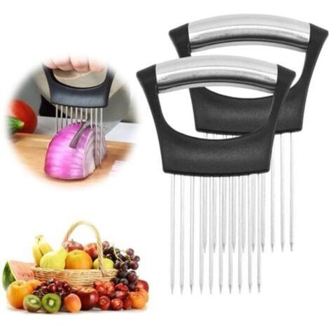 Porte-tranche d'oignon en acier inoxydable, trancheuse de citron, coupe-légumes, outil de tranchage de couteau de cuisine, viande, oignon, pomme de terre, outils de cuisine à domicile de tomate (2PCS) (1/5)