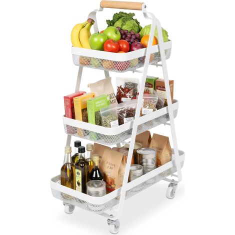 Relaxdays Rollwagen, 3 Ebenen, Metall, Holzgriff, HxBxT: 84,5 x 57 x 31 cm, 4 Rollen, Küche, Bad, Beistellwagen, weiß