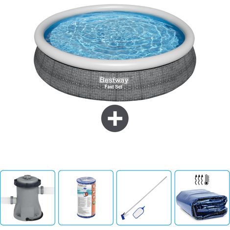 Piscine gonflable ronde Bestway à réglage rapide - Imprimé rotin - 366 x 76 cm - Comprend des Accessoires CB57 (1/4)