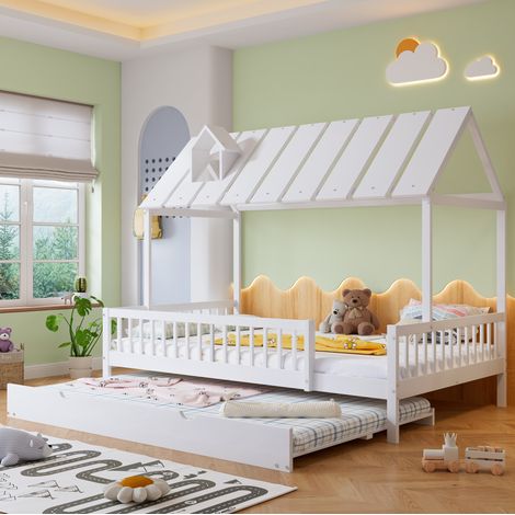 Hausbett mit Rollbett, Dach mit Kaminleiste, Kinderbett, Jugendbett, mit 3-seitigem Gitter, Kiefer+MDF, Weiß, 120x200/190cm (1/5)