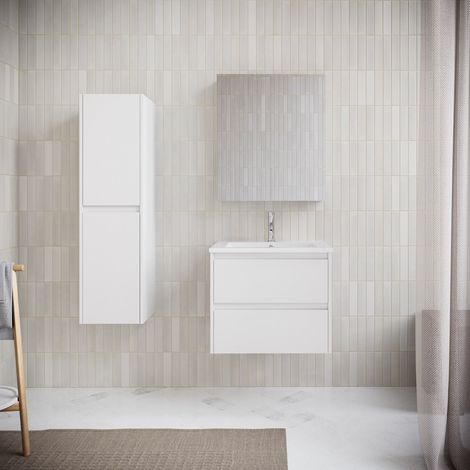 Stano. – Ensemble meuble salle de bain suspendu simple vasque 60 cm – Meuble bas avec 2 tiroirs – Vasque en marbre synthétique blanc – Système trop-plein intégré (1/5)
