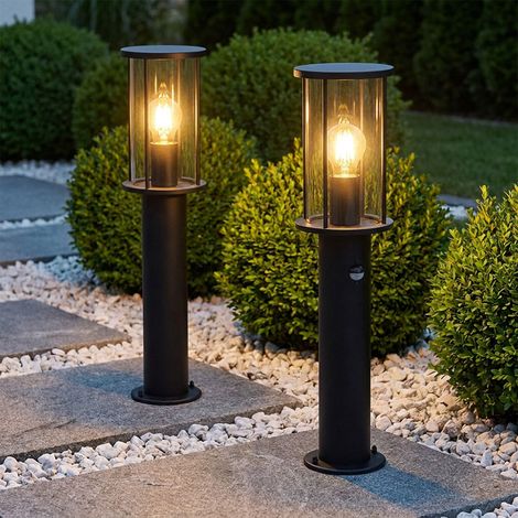 Lot de 2 lampadaires d'extérieur avec détecteur de mouvement, noir et acier inoxydable, H 60 cm (1/5)