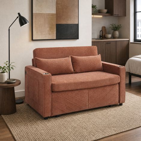 Canapé convertible lit coulissant USB bois tissu orange OKMYHOME (1/5)