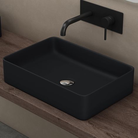 doporro Waschbecken Aufsatzwaschbecken Keramik BxTxH: 590x380x135 mm matt schwarz Eckig Aufsatzbecken ohne Hahnloch&Überlauf Gäste WC Handwaschbecken Waschtisch Brüssel105D