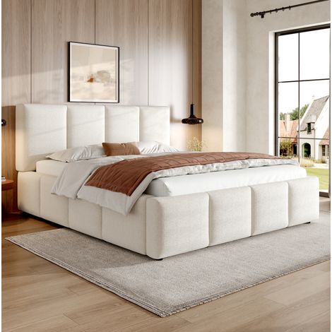 Bett minimalistisch aus Bouclé Beige 160x200 cm mit gepolstertem Kopfteil und Lattenrost (1/5)