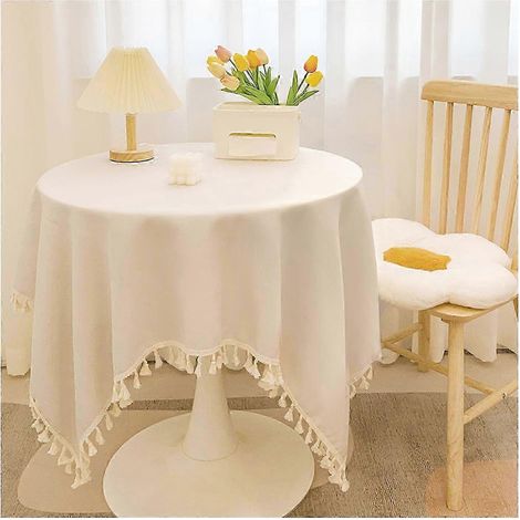 Nappe ronde en coton et lin avec franges lavable couleur unie pour la décoration de la cuisine et de la salle à manger - 60 x 90 cm - Beige (1/5)