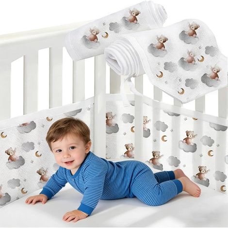 Ensemble de deux tours de lit respirants, barrière de sécurité pour nouveau né, lavable, dimensions respectives 160 x30 cm et 340 x30 cm, tour de lit, protection de sécurité. (1/5)