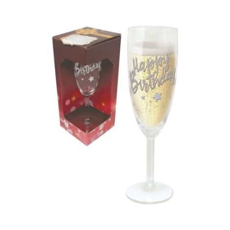 Flûte verre argenté Happy Birthday boîte cadeau, hauteur 20 cm