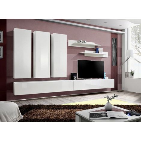 Ensemble meuble TV mural  - Fly I - 320 cm x 190 cm x 40 cm - Blanc - Livraison gratuite