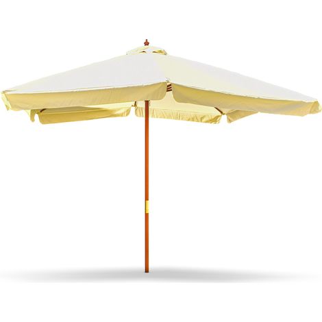 IRUY - Ombrellone da giardino 3x3 metri quadrato con palo da Ø 48mm in legno naturale e telo in poliestere ecrù con bordura da 50mm. 300x300x260H cm