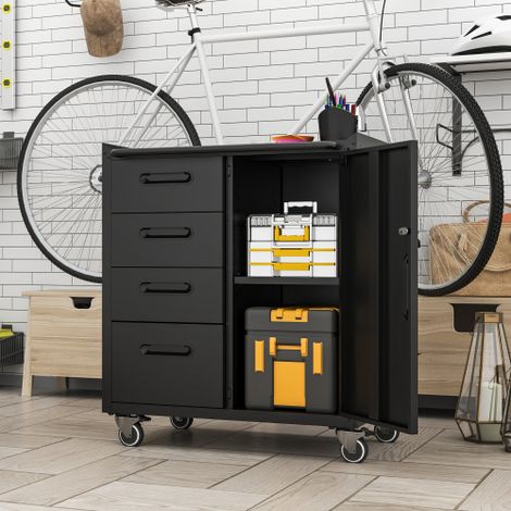 Buffet 75x42x88 cm avec roulettes, 4 tiroirs, 1 porte, pour garage, bureau et maison, en métal, noir (1/5)