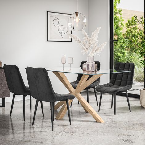 Etta Glass Dining Table And Chairs - Glass Top w Solid Oak Legs + Nova Velvet Dining Chair Set Of 4 (Black) (1/5)