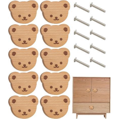 Boutons De Tiroir Bois Ours, Lot De 10 Poignée Commode Oursons, Boutons De Portes Pour Placards Animaux, Poignée De Meuble Oursons Avec Vis Pour enfant, Commode, Tiroirs, Cuisine (1/5)