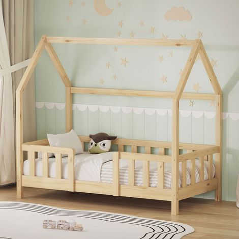 Ml-Design – Lit cabane enfant 70x140 cm en bois de pin massif – Barrière de sécurité intégrée – Toit et sommier à lattes – Design moderne pour chambre d'enfant (1/5)