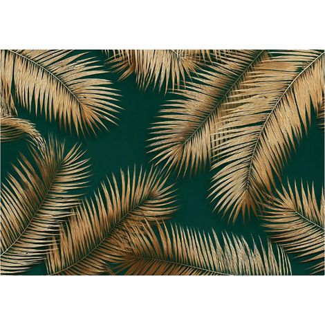Papier peint mural feuilles glamour vert intissé grand format design intérieur salon chambre pas cher 350x250 cm (1/5)