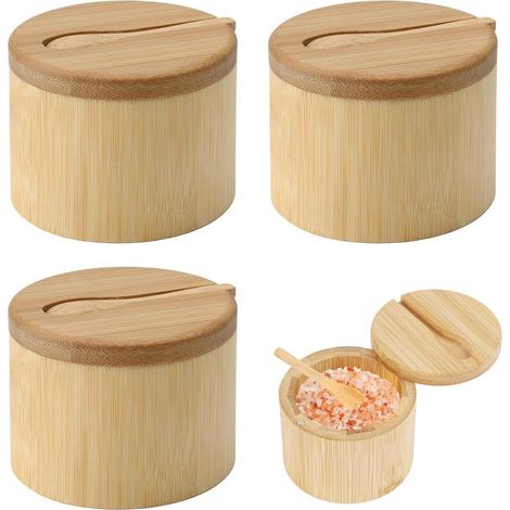 Juego de salero de bambú de 3 piezas Salero con tapa magnética giratoria Recipiente redondo de bambú para especias con cuchara para cocina, sal, pimienta y especias (1/5)