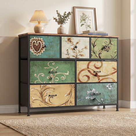 Commode de rangement, 100x30x78 cm, 7 tiroirs en tissu, cadre en métal, style rétro, multicolore (1/5)