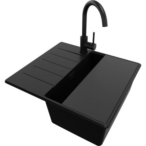 PRIMAGRAN Evier Cuisine en Granit 55x50cm, Lavabo 1 bac + Kit de Vidage + Accessoire, Évier à Encastrer au meuble 40cm - Copenhague, Tout Noir (1/5)