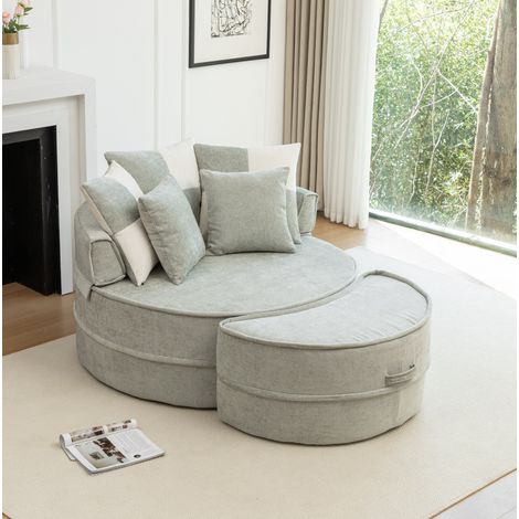 Poltrona lounge rotonda con ottomana e 5 cuscini, senza montaggio, fodere lavabili, schiuma, verde menta (1/5)